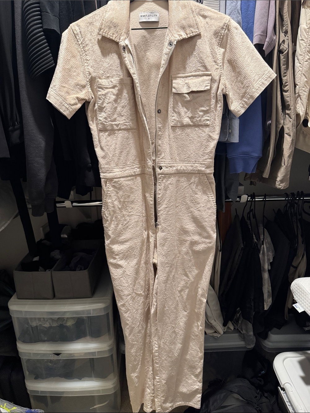 River+Utility Cream Short-Sleeve Utility Jumpsuit